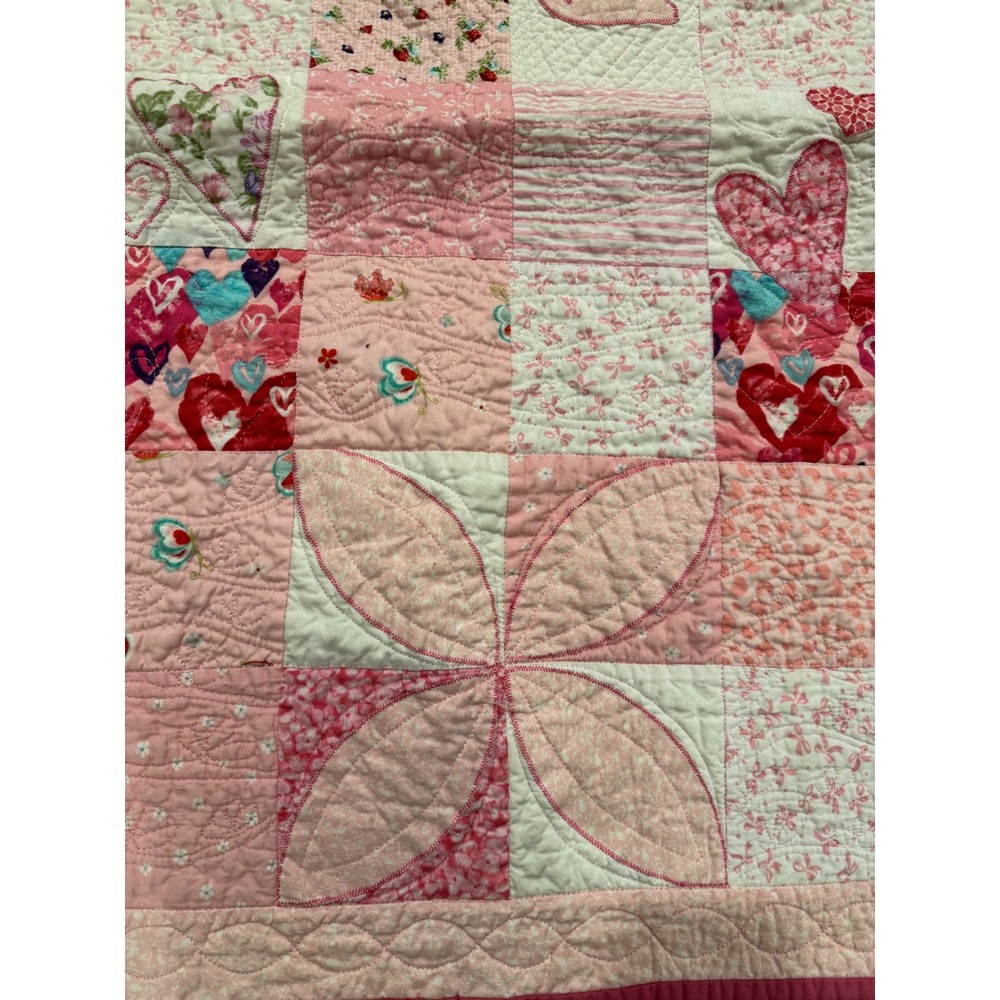 Handmade Pink Patchwork Quilt Cat Heart Floral Applique Nursery Blanket 44x44 - Picture 3 of 14